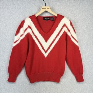 Vintage Angenie Chevron Sweater Size Small Red Knit Shoulder Pads 80s Style
